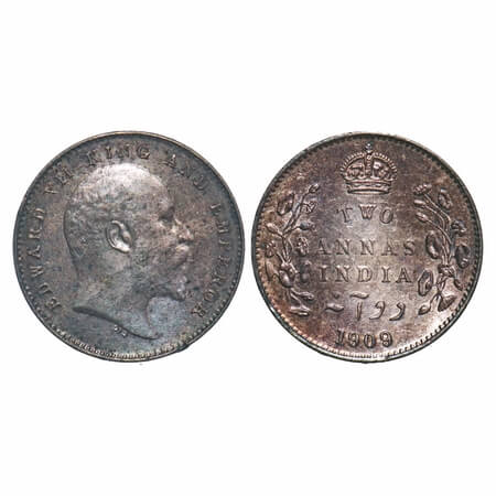 Edward VII, Silver, 2 Annas, 1909, Calcutta Mint, No mint mark, Nick on the rim edge. F. P