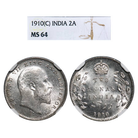 Edward VII, Silver, 2 Annas, 1910, Calcutta Mint, No mint mark. F. Prid 563. GK 987. NGC S