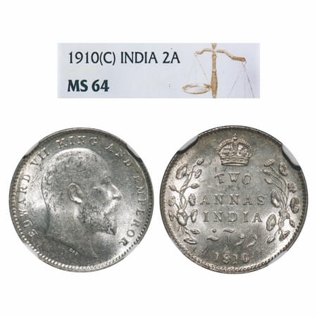 Edward VII, Silver, 2 Annas, 1910, Calcutta Mint, No mint mark. F. Prid 563. GK 987. NGC S