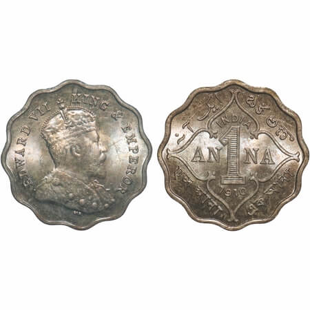 Edward VII, Copper-Nickel, 1 Anna, 1910, Bombay Mint, 'B' incused. F. Prid 929. GK 993. Mi