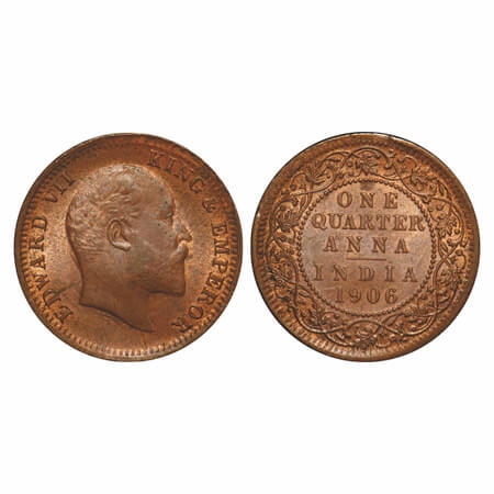 Edward VII, Copper, Quarter Anna, 1906, (6.40gm), Calcutta Mint, No mint mark. F. Prid 650