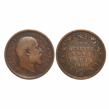Edward VII, Bronze, Quarter Anna, 1906, (4.66gm), Calcutta Mint, No mint mark. F. Prid 651