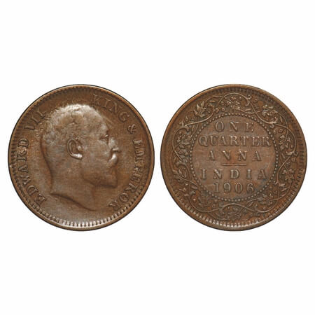 Edward VII, Bronze, Quarter Anna, 1906, (4.94gm), Calcutta Mint, No mint mark. F. Prid 651