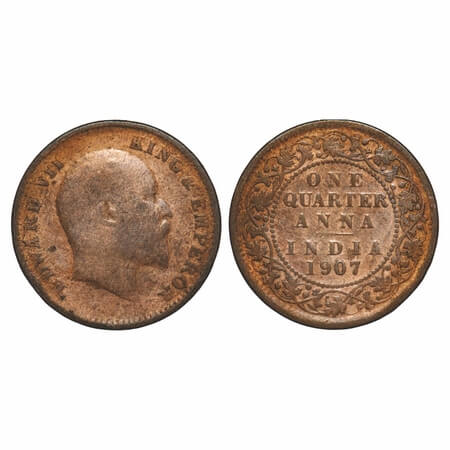Edward VII, Bronze, Quarter Anna, 1907, Calcutta Mint, No mint mark, Ghost on Rev. F. Prid