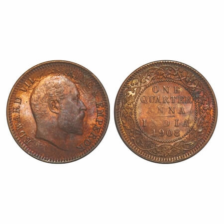 Edward VII, Bronze, Quarter Anna, 1908, Calcutta Mint, No mint mark, Complete skull ghost 