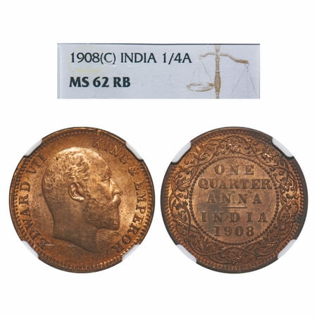 Edward VII, Bronze, Quarter Anna, 1908, Calcutta Mint, No mint mark. F. Prid 653. GK 1000.