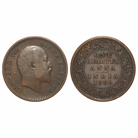 Edward VII, Bronze, Quarter Anna, 1909, Calcutta Mint, No mint mark. F. Prid 654. GK 1001.