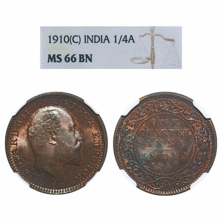Edward VII, Bronze, Quarter Anna, 1910, Calcutta Mint, No mint mark. F. Prid 655. GK 1002.