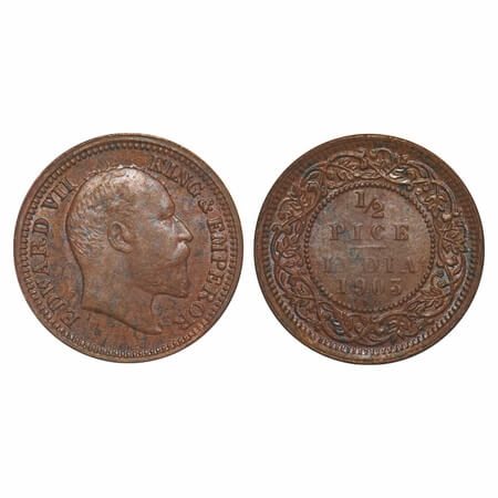 Edward VII, Copper, 1/2 Pice, 1903, Calcutta Mint, No mint mark, w/o bottom stroke of nume