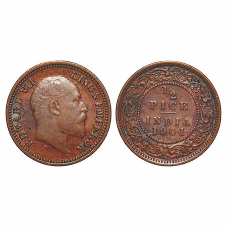 Edward VII, Copper, 1/2 Pice, 1904, Calcutta Mint, No mint mark. F. Prid 736. GK 1004. Ext