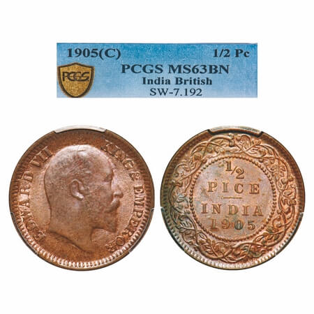 Edward VII, Copper, 1/2 Pice, 1905, Calcutta Mint, No mint mark. F. Prid 738. GK 1005. PCG