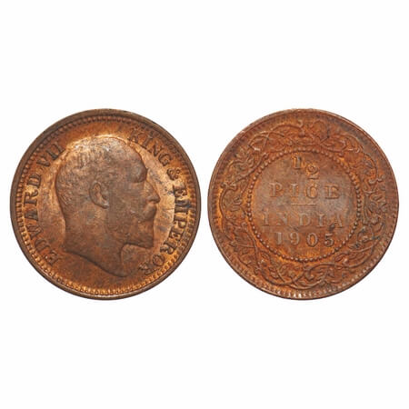Edward VII, Copper, 1/2 Pice, 1905, Calcutta Mint, No mint mark. F. Prid 738. GK 1005. Alm