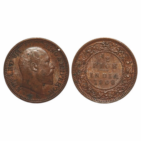 Edward VII, Copper, 1/2 Pice, 1906, 3.24 gm, Calcutta Mint, No mint mark. F. Prid 739. GK 