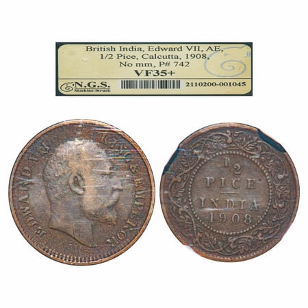 Edward VII, Bronze, 1/2 Pice, 1908, Calcutta Mint, No mint mark. F. Prid 742. GK 1009. NGS