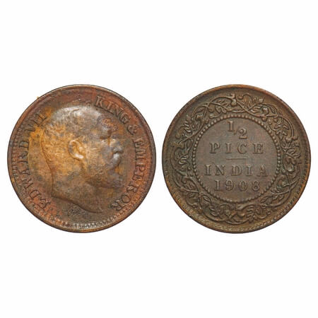 Edward VII, Bronze, 1/2 Pice, 1908, Calcutta Mint, No mint mark. F. Prid 742. GK 1009. Ext