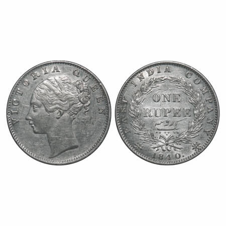 Victoria Queen, Silver, Rupee, 1840, CL, Calcutta Mint, A/VII, English Head, Wreath with 3