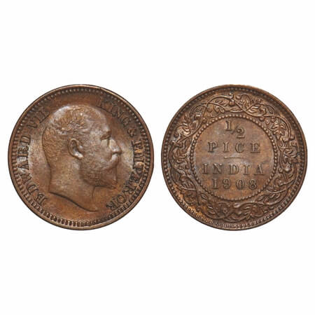 Edward VII, Bronze, 1/2 Pice, 1908, Calcutta Mint, No mint mark. F. Prid 742. GK 1009. Unc