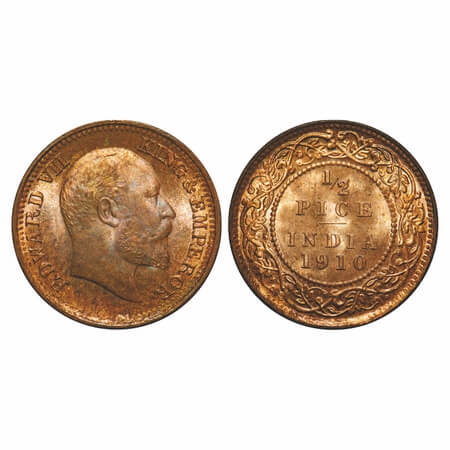 Edward VII, Bronze, 1/2 Pice, 1910, Calcutta Mint, No mint mark. F. Prid 744. GK 1011. Min