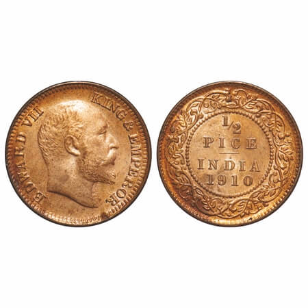 Edward VII, Bronze, 1/2 Pice, 1910, Calcutta Mint, No mint mark, Die crack on Obv. F. Prid