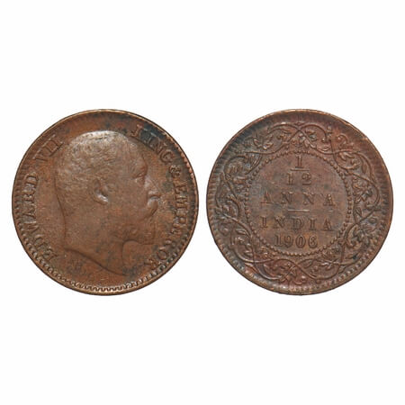 Edward VII, Bronze, 1/12 Anna, 1906, 1.99 gm, Calcutta Mint, No mint mark. F. Prid 822. GK
