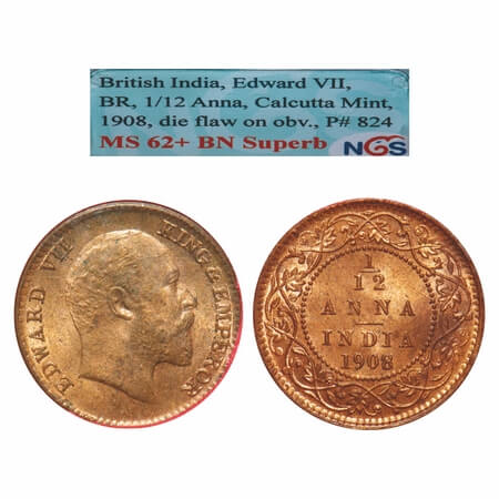 Edward VII, Bronze, 1/12 Anna, 1908, Calcutta Mint, No mint mark, Die flow on Obv mentione