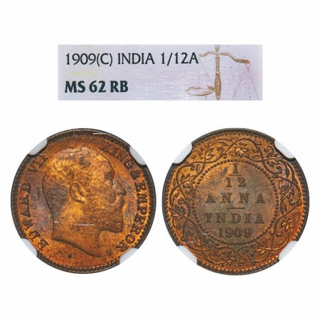 Edward VII, Bronze, 1/12 Anna, 1909, Calcutta Mint, No mint mark. F. Prid 825. GK 1019. NG