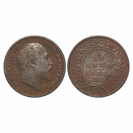Edward VII, Bronze, 1/12 Anna, 1910, Calcutta Mint, No mint mark. F. Prid 826. GK 1020. Ve