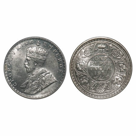 George V, Silver, Rupee, 1911, Calcutta Mint, No dot, Pig-type. F. Prid 207. GK 1021. Bril