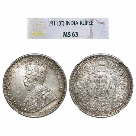 George V, Silver, Rupee, 1911, Calcutta Mint, No dot, Pig-Type. F. Prid 207. GK 1021. NGC 