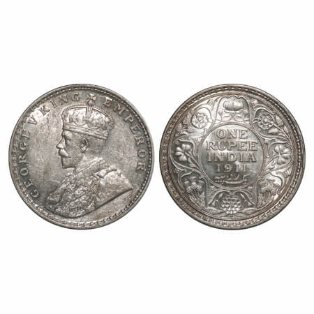 George V, Silver, Rupee, 1911, Bombay Mint, Dot, Pig-Type, Raised initials 'BM' (Bertram M