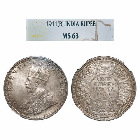 George V, Silver, Rupee, 1911, Bombay Mint, Dot, Pig-Type. F. Prid 217. GK 1022. NGC Slabb