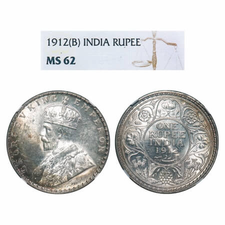 George V, Silver, Rupee, 1912, Bombay Mint, Dot. F. Prid 218. GK 1026. NGC Slabed MS 62. V