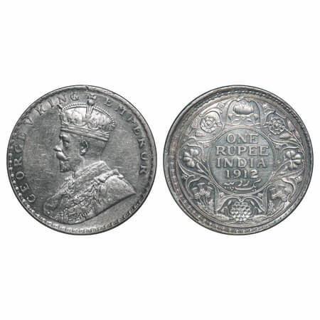 George V, Silver, Rupee, 1912, Bombay Mint, Dot, Error, Misaligned die 5% die shift. F. Pr