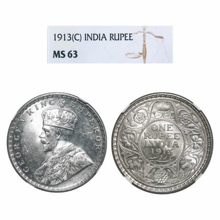 George V, Silver, Rupee, 1913, Calcutta Mint, No dot. F. Prid 209. GK 1027. NGC Slabbed MS