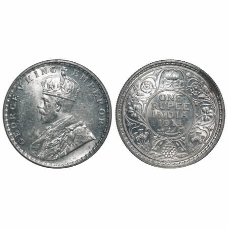 George V, Silver, Rupee, 1914, Calcutta Mint, No dot. F. Prid 210. GK 1029. Uncirculated, 