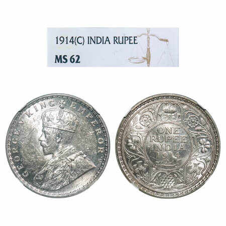 George V, Silver, Rupee, 1914, Calcutta Mint, No dot. F. Prid 210. GK 1029. NGC Slabbed MS