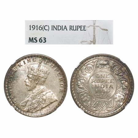 George V, Silver, Rupee, 1916, Calcutta Mint, No dot. F. Prid 212. GK 1033. NGC Slabbed MS