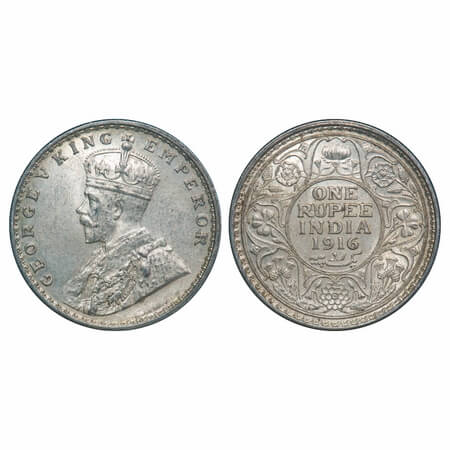 George V, Silver, Rupee, 1916, Calcutta Mint, No dot. F. Prid 212. GK 1033. Uncirculated. 