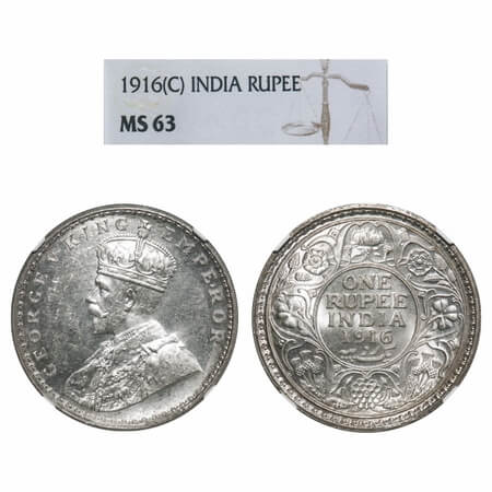 George V, Silver, Rupee, 1916, Calcutta Mint, No dot. F. Prid 212. GK 1033. NGC Slabbed MS