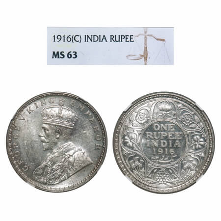 George V, Silver, Rupee, 1916, Calcutta Mint, No dot. F. Prid 212. GK 1033. NGC Slabbed MS