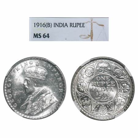 George V, Silver, Rupee, 1916, Bombay Mint, Dot. F. Prid 222. GK 1034. NGC Slabbed MS 64. 