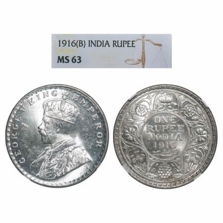 George V, Silver, Rupee, 1916, Bombay Mint, Dot. F. Prid. 222. GK 1034. NGC Slabbed MS 63.