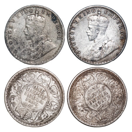 George V, Silver, Rupee, (2 coins), Bombay Mint, Dot, 1) 1916, 1'o clock on Rev, 2) 1917, 