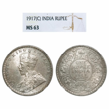 George V, Silver, Rupee, 1917, Calcutta Mint, No dot. F. Prid 213. GK 1035. NGC Slabbed MS