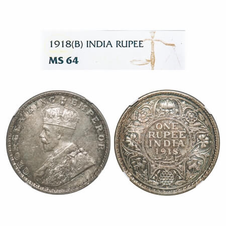 George V, Silver, Rupee, 1918, Bombay Mint, Dot. F. Prid 224. GK 1038. NGC Slabbed MS 64, 