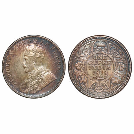 George V, Silver, Rupee, 1919, Calcutta Mint, No dot. F. Prid 215. GK 1039. Brilliant Unci