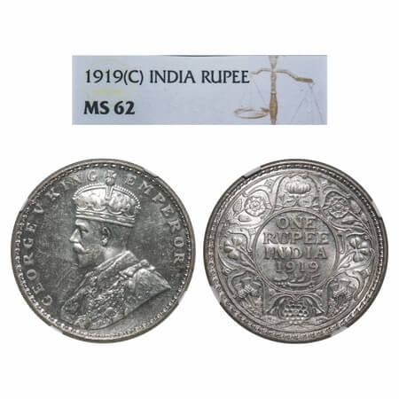George V, Silver, Rupee, 1919, Calcutta Mint, No dot. F. Prid 215. GK 1039. NGC Slabbed MS
