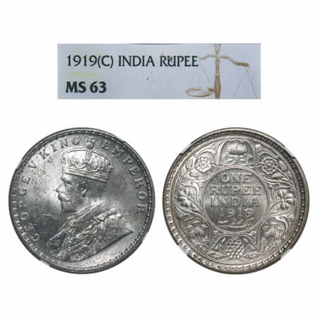 George V, Silver, Rupee, 1919, Calcutta Mint, No dot. F. Prid . GK 1039. NGC Slabbed MS 63