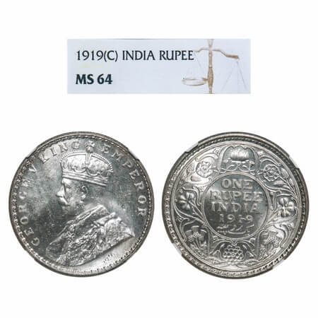 George V, Silver, Rupee, 1919, Calcutta Mint, No dot. F. Prid 215. GK 1039. NGC Slabbed MS