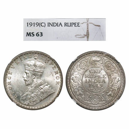 George V, Silver, Rupee, 1919, Calcutta Mint, No dot. F. Prid 215. GK 1039. NGC Slabbed MS